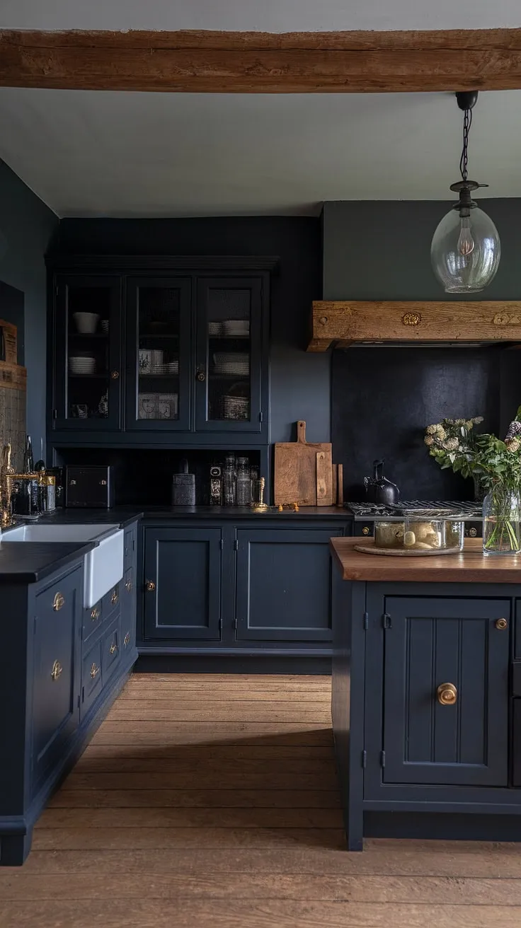 With its dark grey kitchen cabinets, black accents, and vintage touches, this moody kitchen exemplifies small dark kitchen ideas in a classic farmhouse setting.