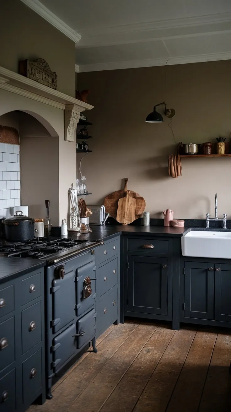 With its dark grey kitchen cabinets, black countertops, and vintage charm, this moody kitchen exemplifies small dark kitchen ideas in a classic farmhouse setting.