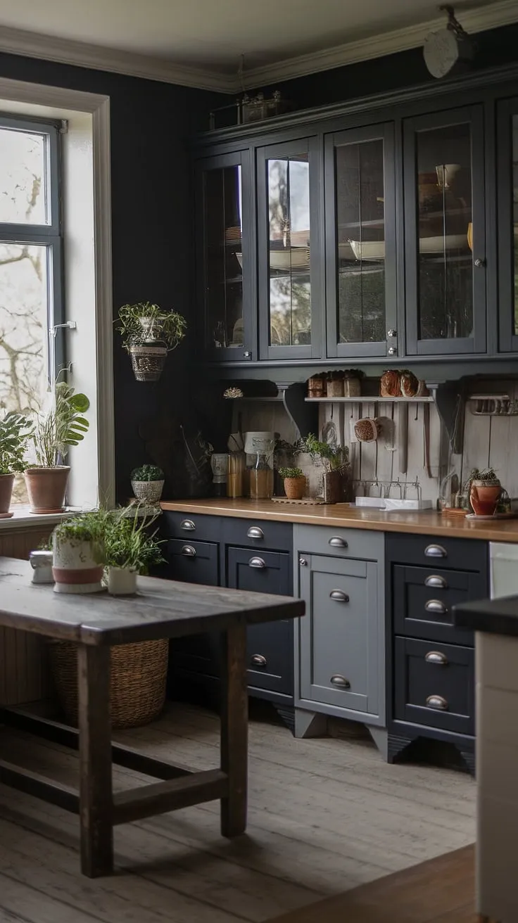 With its classic design and dark walls, this moody kitchen showcases dark grey kitchen cabinets and black accents, perfect for those seeking dark farmhouse kitchen inspiration.