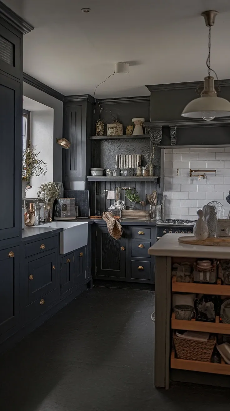 This moody farmhouse kitchen showcases small dark kitchen ideas with dark grey and black cabinets, a classic design, and vintage decor, creating a captivating dark farmhouse interior.