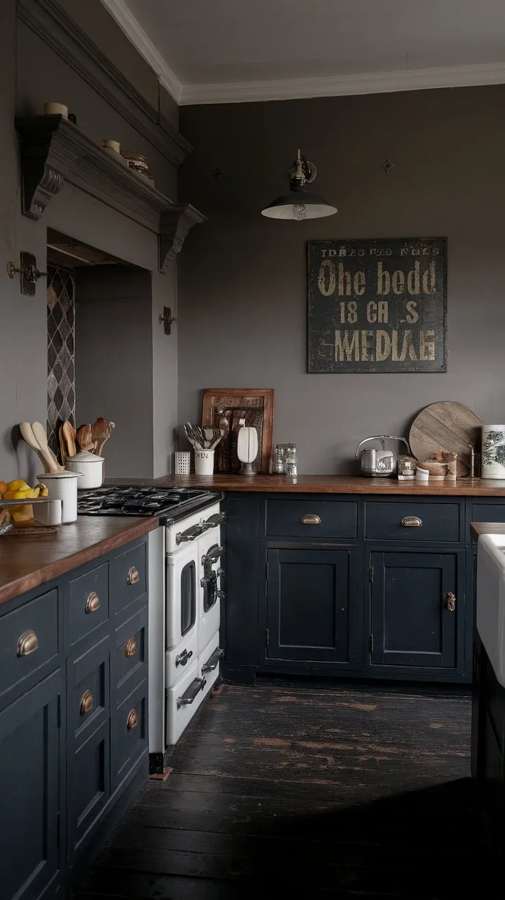 With dark grey kitchen cabinets, a wooden countertop, and vintage accents, this moody kitchen exemplifies small dark kitchen ideas in a classic farmhouse style.