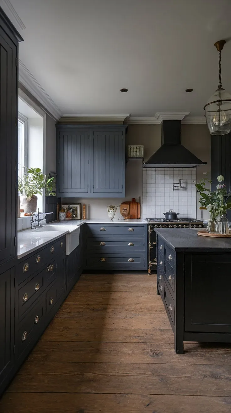 This moody farmhouse kitchen features dark grey cabinets and a black island, blending classic design elements with dark farmhouse decor for a stylish small dark kitchen idea.