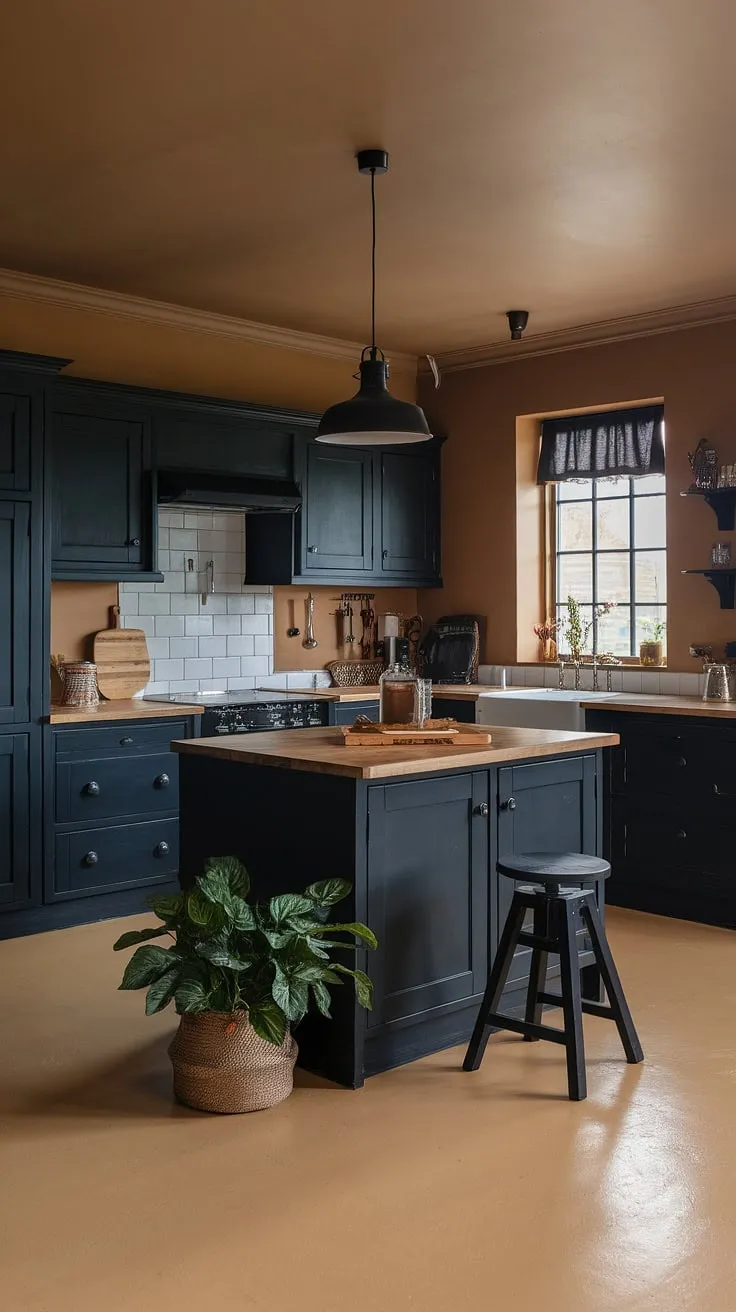 With its dark grey and black kitchen cabinets, this moody home interior showcases a classic farmhouse layout that beautifully integrates small dark kitchen ideas and dark farmhouse decor.
