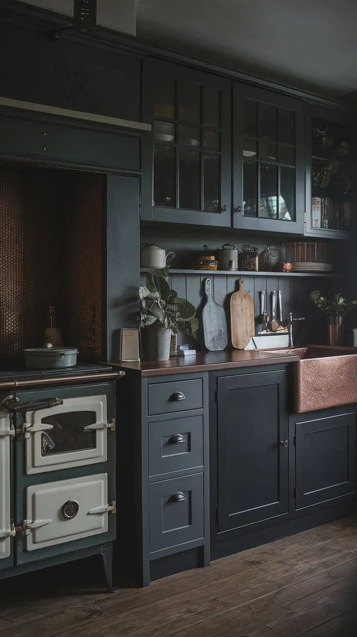 With its dark grey kitchen cabinets, vintage stove, and wooden accents, this moody home interior showcases the charm of a dark farmhouse kitchen while offering stylish small dark kitchen ideas.