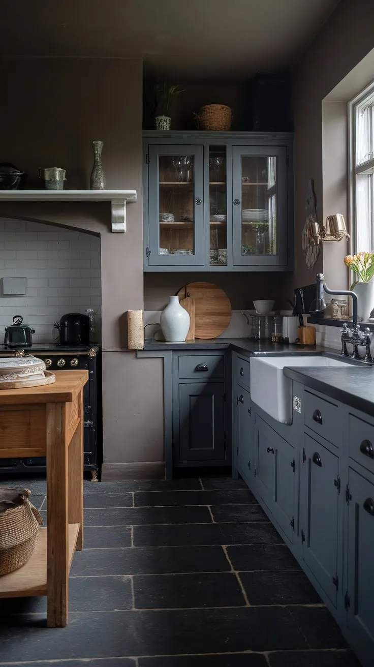 This moody farmhouse kitchen features dark grey cabinets, a classic wooden island, and a striking black faucet, creating a stylish yet cozy atmosphere perfect for small dark kitchen ideas.