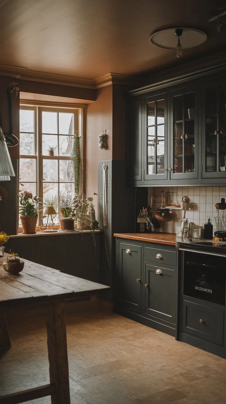 With its dark farmhouse decor and inviting wooden table, this moody kitchen showcases the charm of dark grey kitchen cabinets in a stylish classic setting.