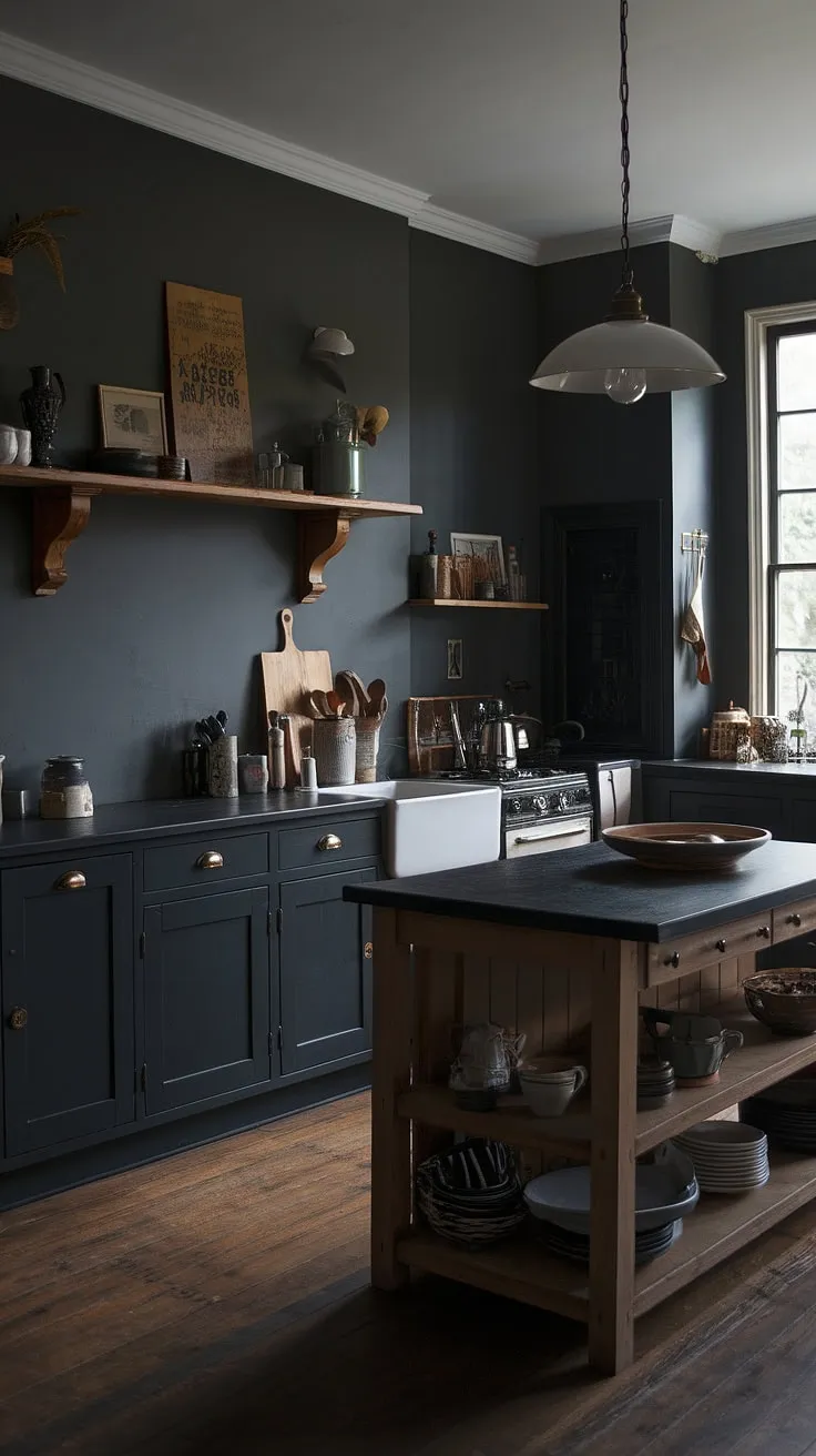 With dark grey kitchen cabinets and a wooden island, this moody kitchen showcases small dark kitchen ideas in a classic farmhouse setting.