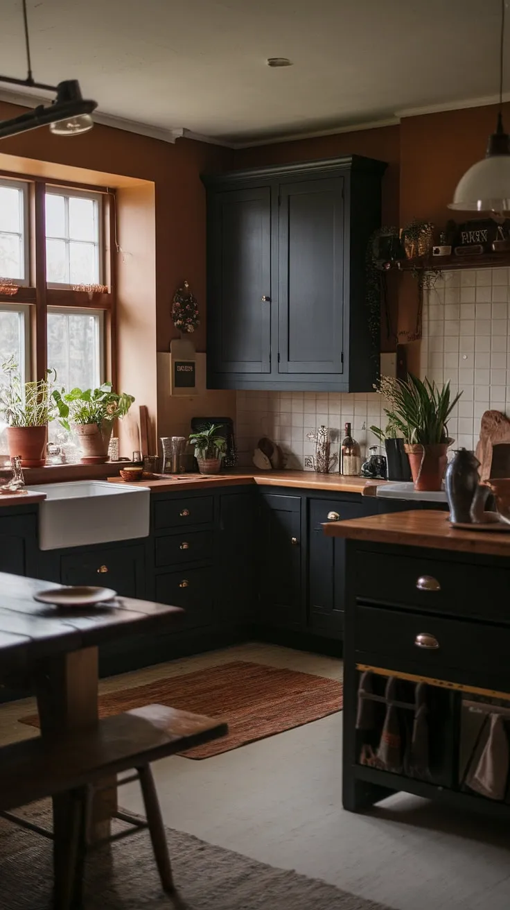 This moody farmhouse kitchen features dark grey and black cabinets, a classic wooden island, and vintage decor, creating a stylish small dark kitchen that embodies dark farmhouse decor.
