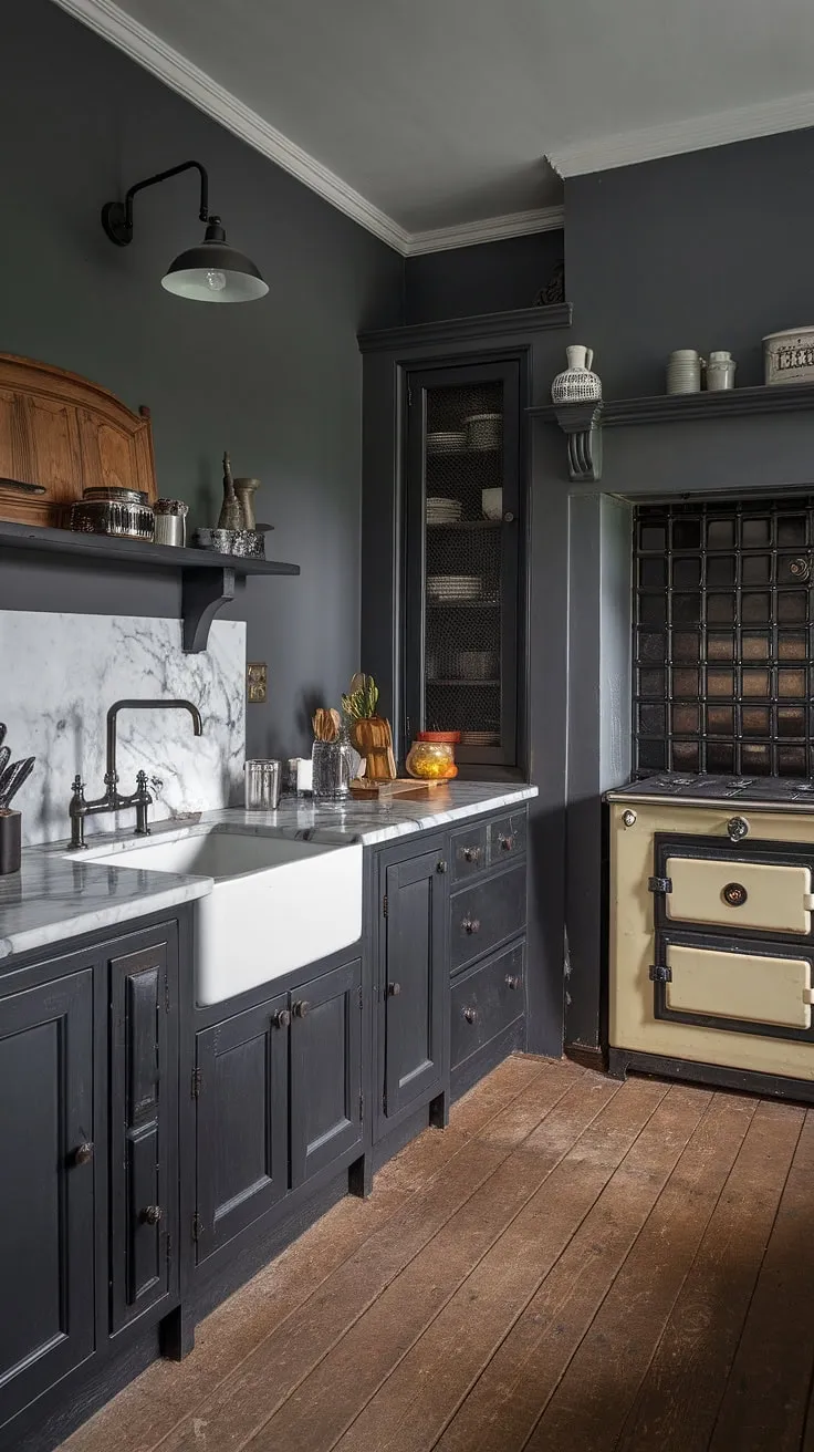 This moody farmhouse kitchen features dark grey and black cabinets, classic vintage elements, and rustic wood finishes, creating a captivating dark farmhouse decor.