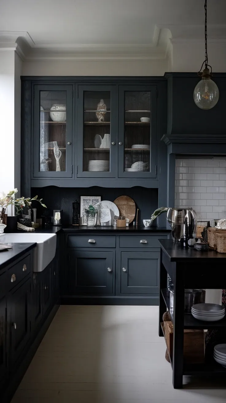 With its dark grey kitchen cabinets, black island, and vintage light fixture, this moody kitchen exemplifies stylish small dark kitchen ideas in a classic farmhouse setting.