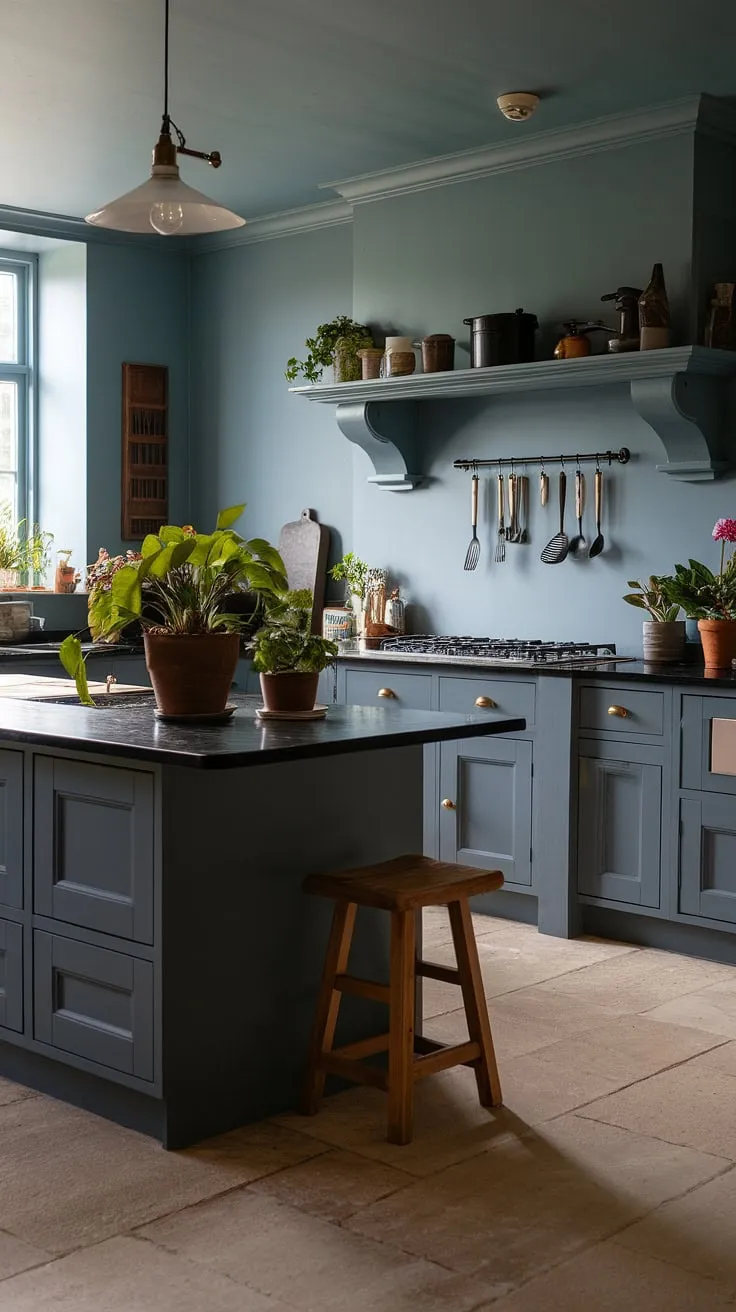 This moody farmhouse kitchen features dark grey cabinets and black countertops, blending classic design with small dark kitchen ideas for a stylish dark farmhouse decor.