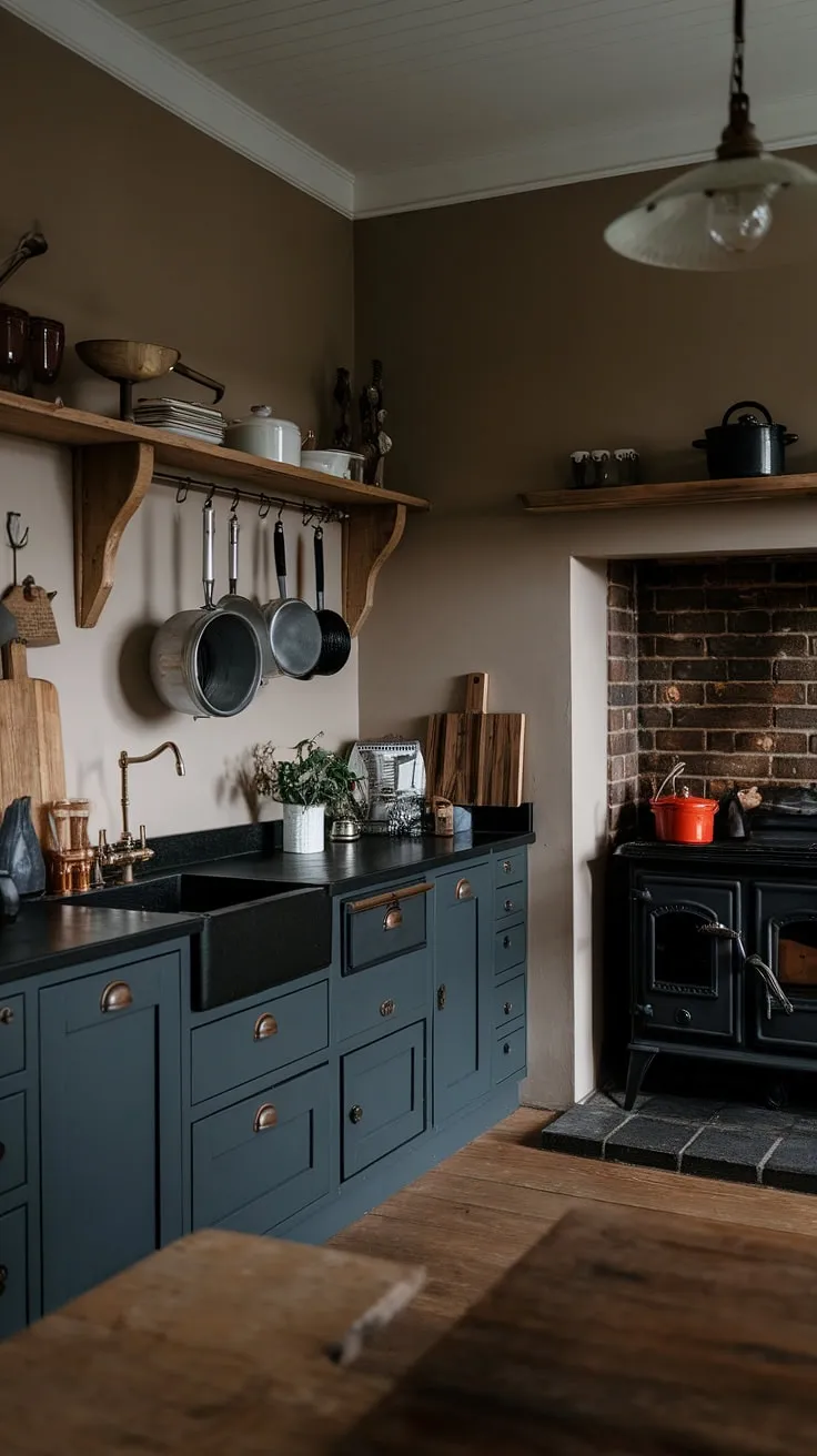 With its dark grey kitchen cabinets, black countertops, and classic wood accents, this moody home interior exemplifies the charm of a dark farmhouse kitchen.
