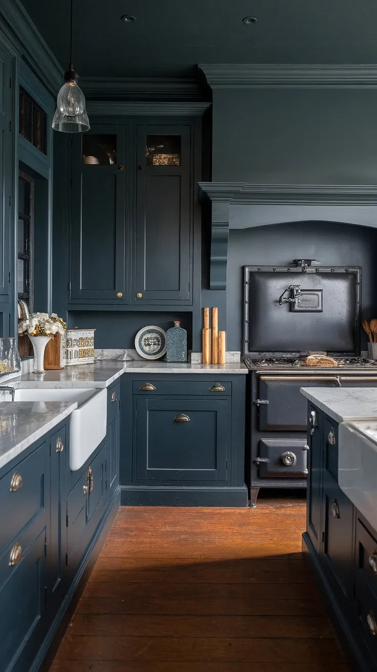This moody farmhouse kitchen features dark grey cabinets paired with black accents, a vintage stove, and classic design elements, creating a stylish small dark kitchen idea.