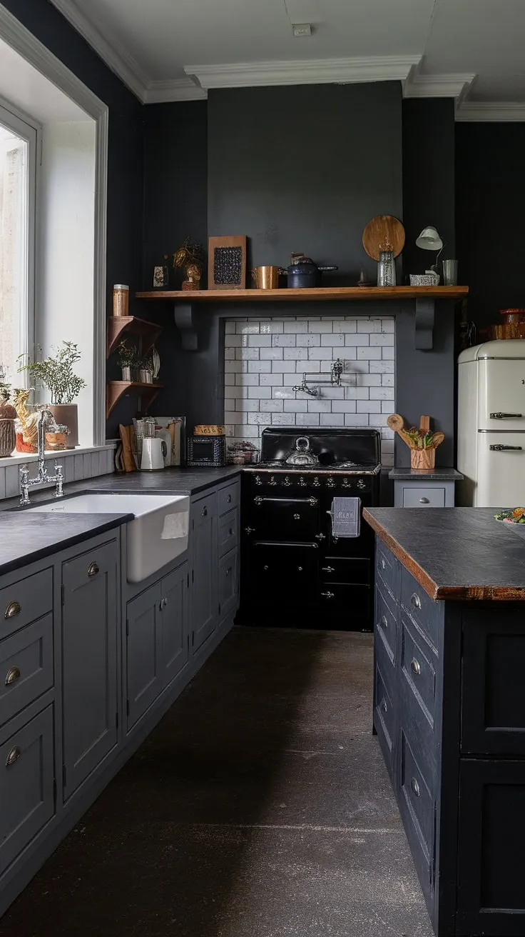 This moody farmhouse kitchen showcases dark grey and black cabinets, a classic design with a large island, and dark grey stone countertops, perfect for small dark kitchen ideas and dark farmhouse decor.