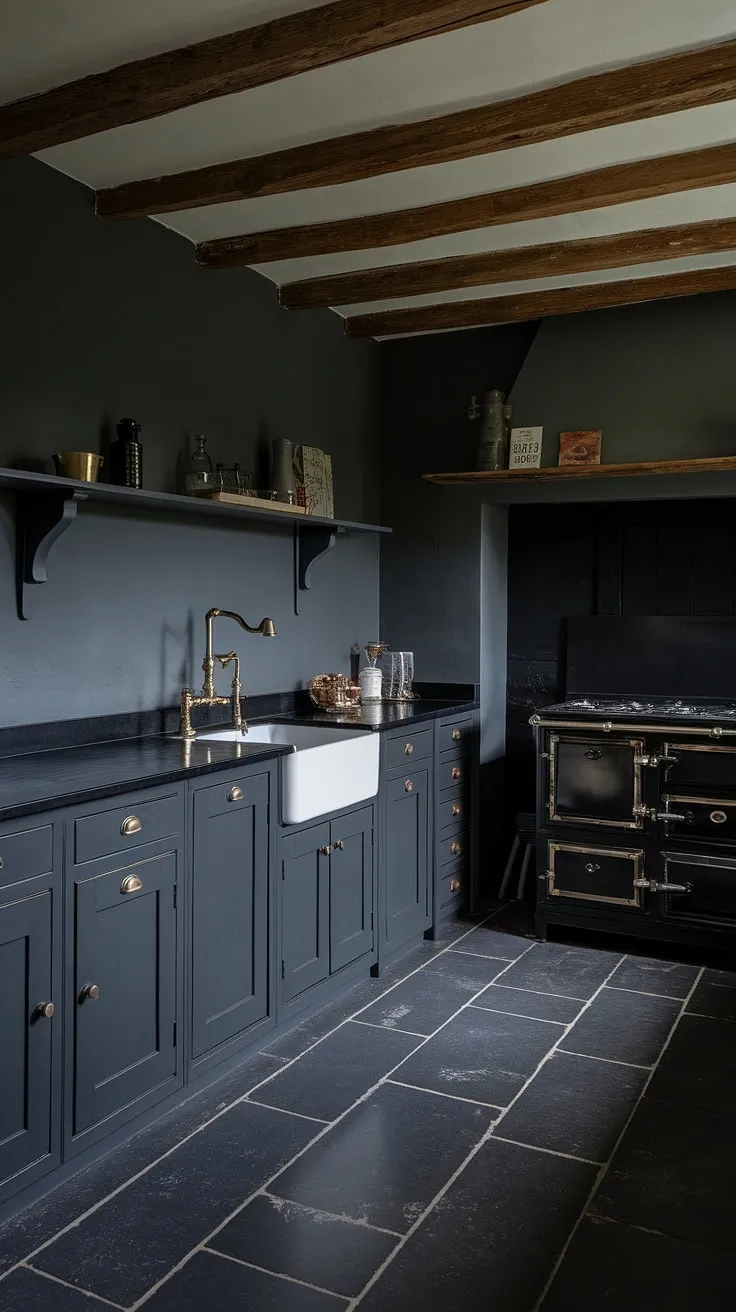 This moody farmhouse kitchen features dark grey cabinets, black countertops, and vintage elements, creating a stunning dark farmhouse decor that inspires small dark kitchen ideas.