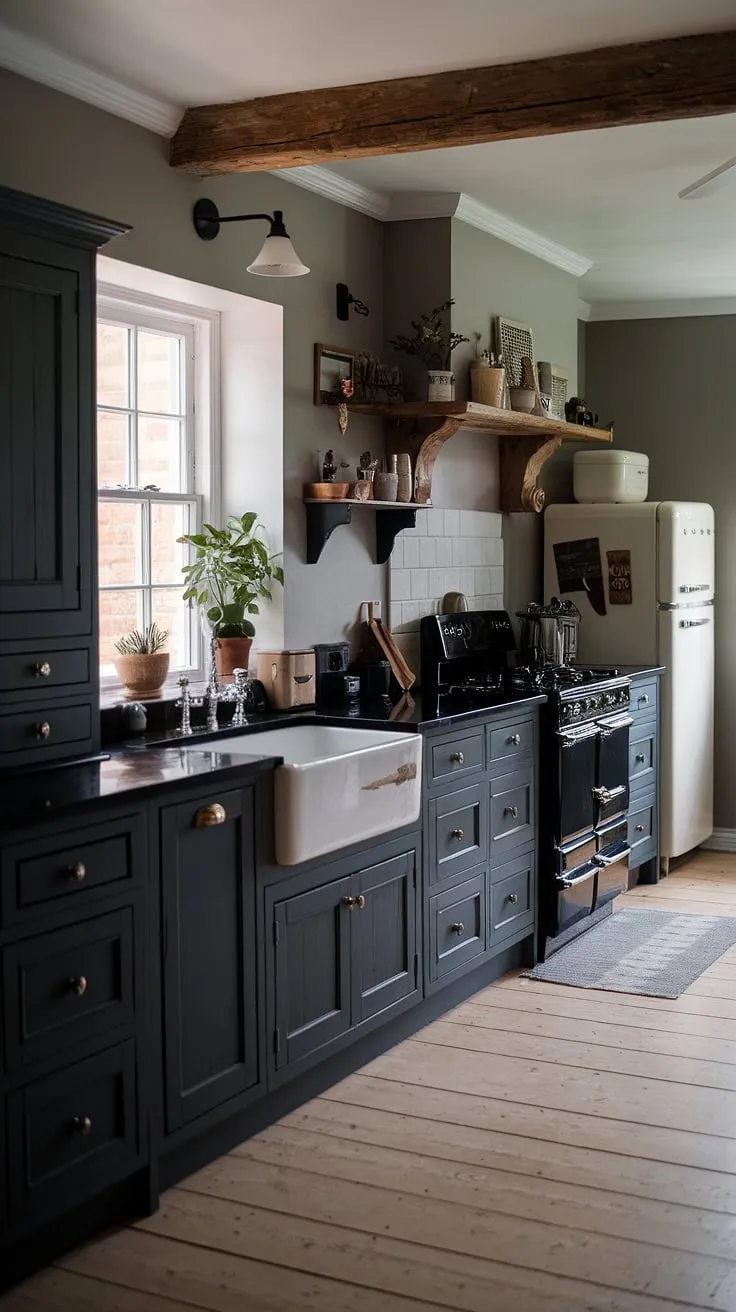 With its dark grey kitchen cabinets, black stove, and vintage farmhouse sink, this moody kitchen showcases small dark kitchen ideas that create a warm and stylish home interior.