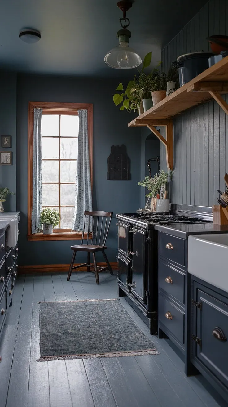 This moody farmhouse kitchen showcases small dark kitchen ideas with dark grey and black cabinets, muted blue walls, and vintage decor, creating a captivating dark farmhouse interior.