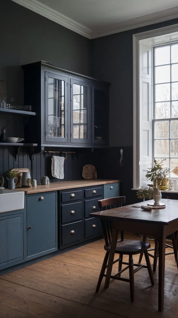 This moody farmhouse kitchen features dark grey and black cabinets, a classic design with vintage touches, and a wooden table that invites warmth into the small dark space.