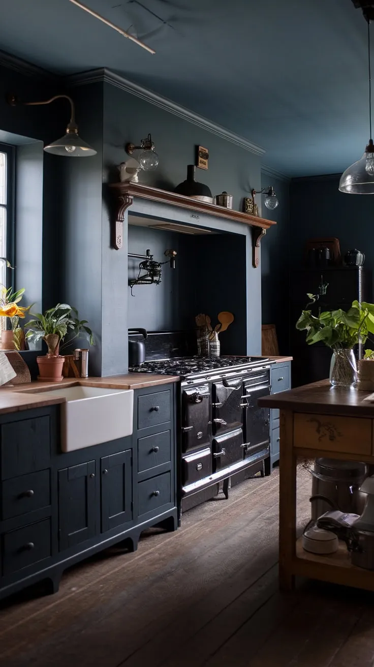 This moody farmhouse kitchen features dark grey and black cabinets, a classic design with a vintage stove, and a dark blue ambiance that perfectly captures the essence of dark farmhouse decor.