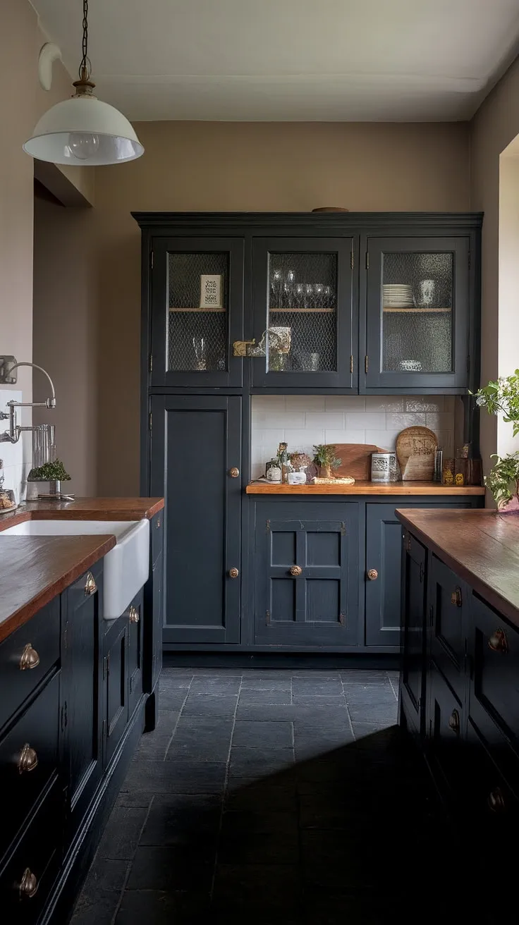 This moody farmhouse kitchen features dark grey and black cabinets, a classic design with a wooden countertop, and vintage lighting, making it an inspiring example of small dark kitchen ideas.