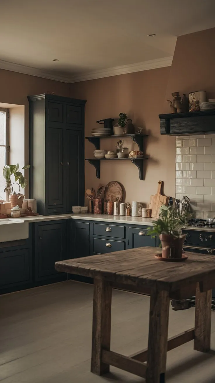 This moody farmhouse kitchen features dark grey cabinets and a black island, harmonizing classic design with small dark kitchen ideas for a stylish moody home interior.