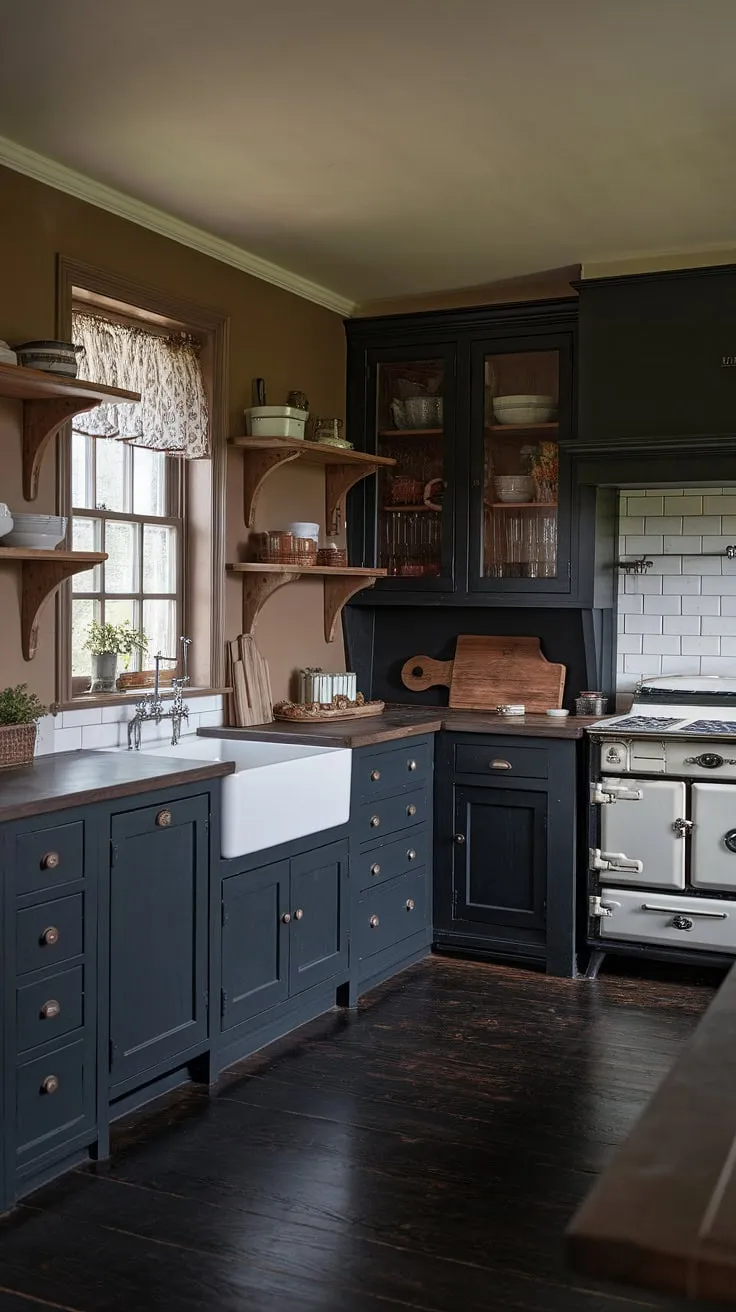 This moody farmhouse kitchen features dark grey and black cabinets, a classic vintage design, and warm beige walls, making it an inspiring example of small dark kitchen ideas and dark farmhouse decor.