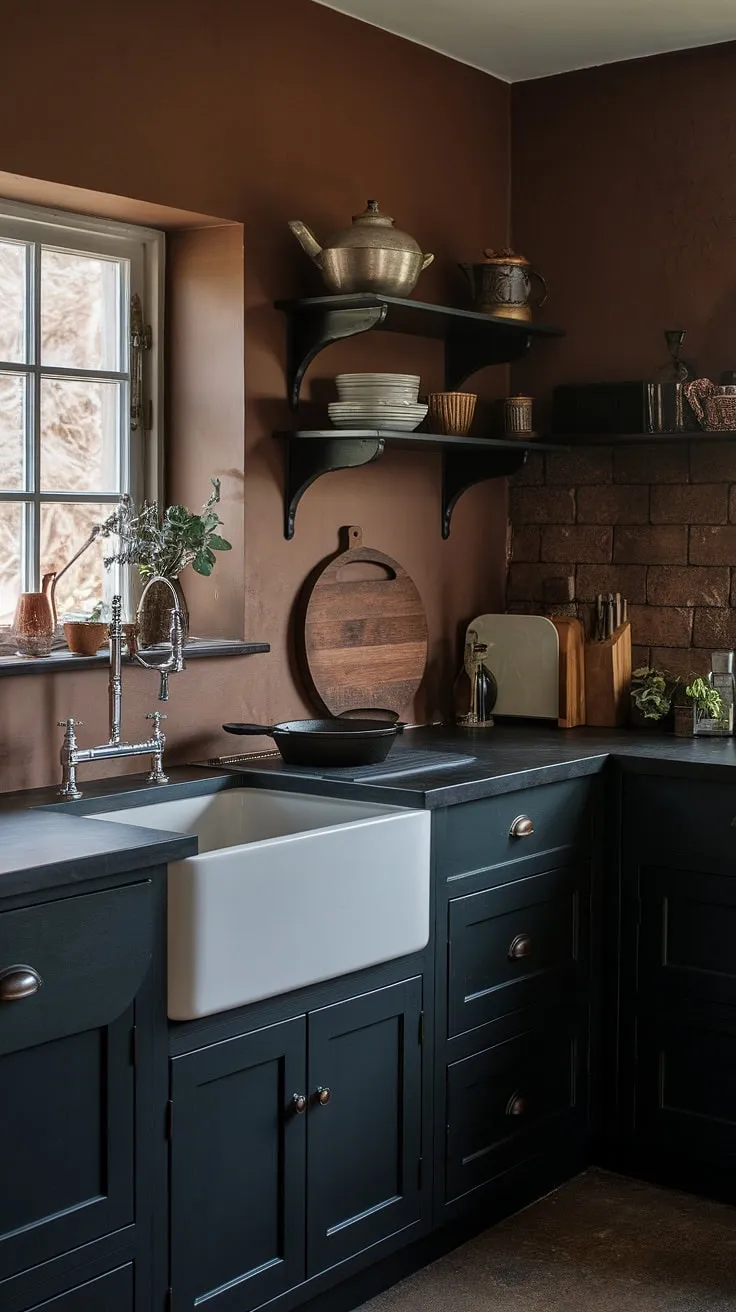 This moody farmhouse kitchen features dark grey and black cabinets, a classic vintage sink, and earthy tones, making it an inspiring example of small dark kitchen ideas and dark farmhouse decor.