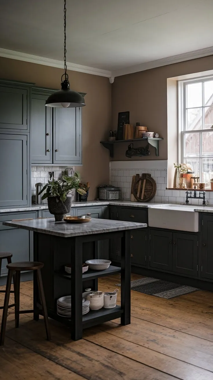 With its dark grey kitchen cabinets, black island, and muted beige walls, this moody home interior showcases small dark kitchen ideas that blend classic charm with modern elegance.