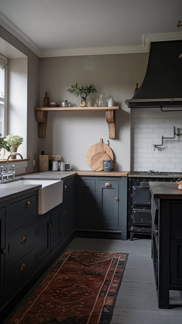 This moody farmhouse kitchen features dark grey cabinets and a black island, blending classic design with dark farmhouse decor for a stylish small dark kitchen idea.