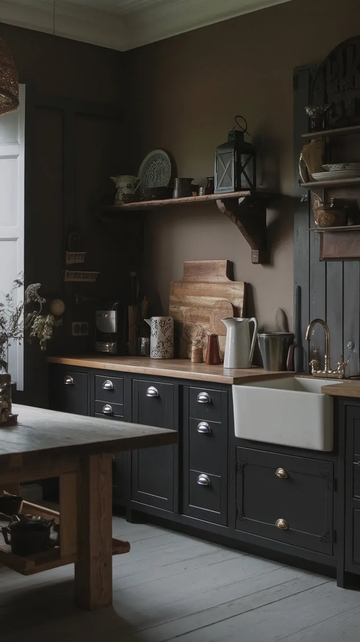 This moody farmhouse kitchen features dark grey and black cabinets, classic vintage elements, and wooden accents, creating a captivating dark farmhouse decor.