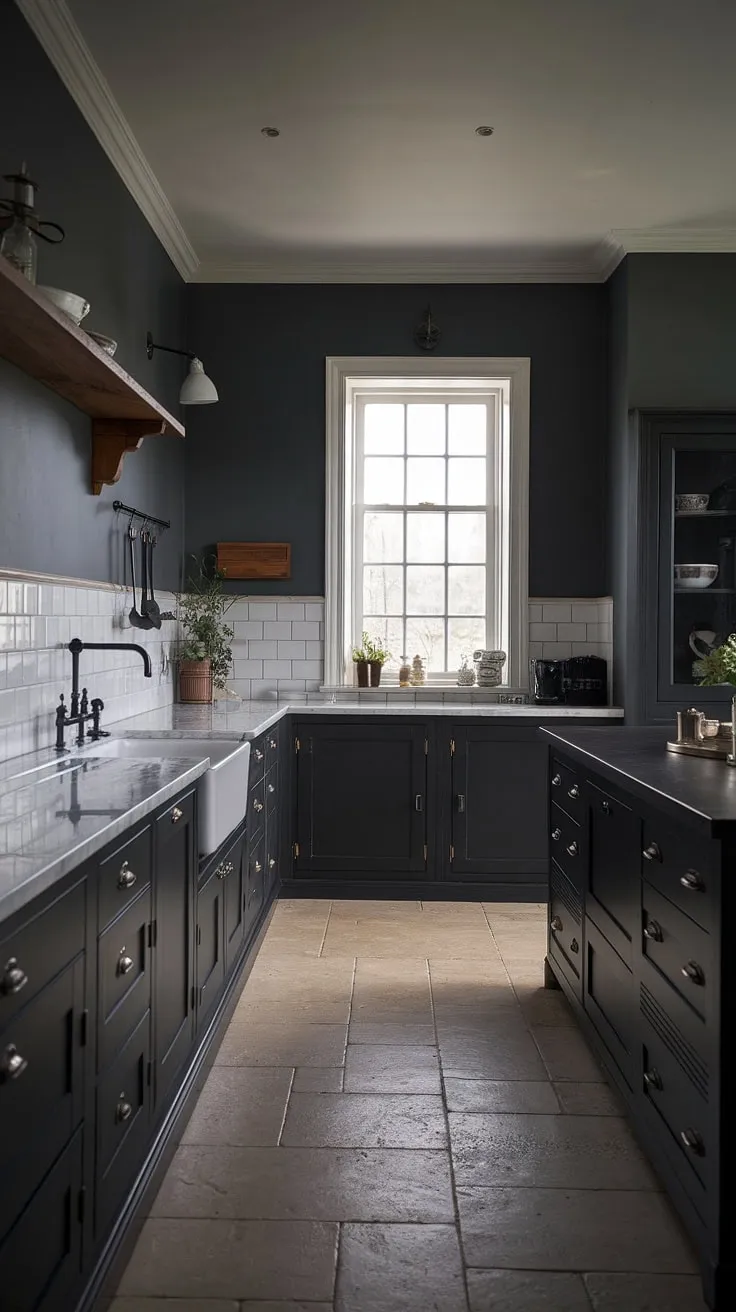 With its dark grey walls, elegant marble surfaces, and a blend of dark farmhouse decor, this moody kitchen exudes a sophisticated charm perfect for any classic home interior.
