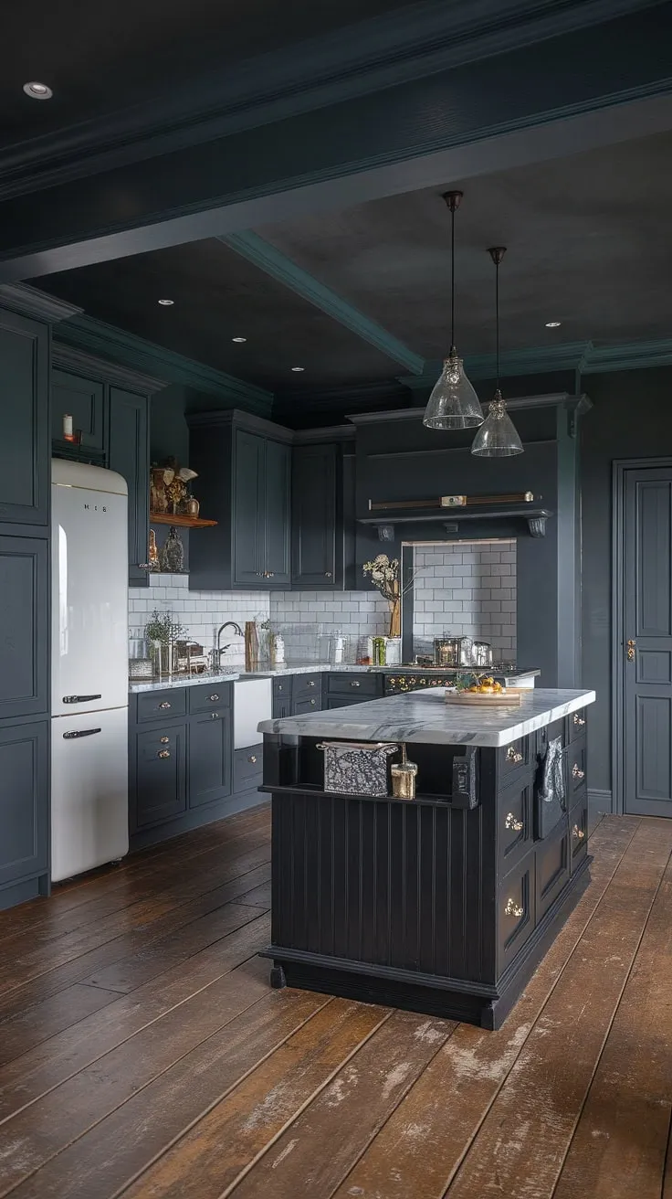 This moody farmhouse kitchen features dark grey cabinets and a black island with a marble top, blending classic design with dark farmhouse decor for a stylish small dark kitchen idea.
