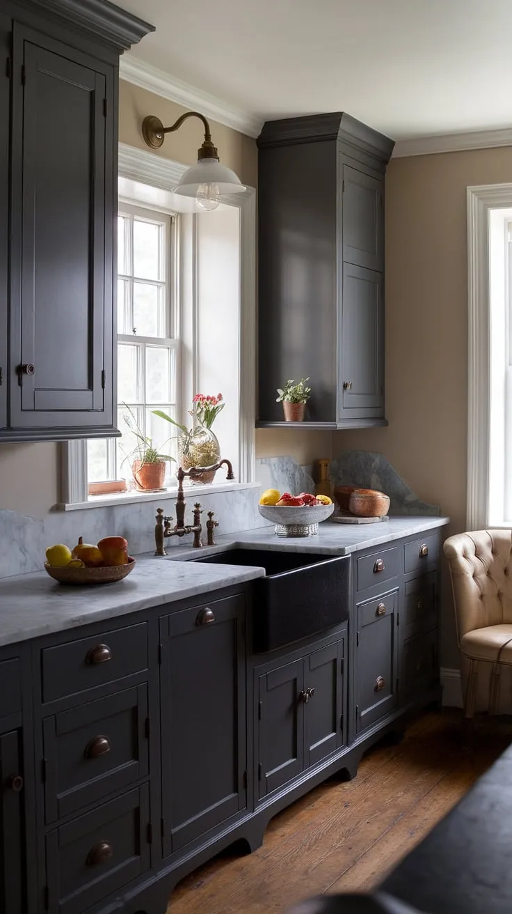 This moody farmhouse kitchen features dark grey cabinets, a black sink with a bronze faucet, and classic decor elements, creating a stylish yet cozy atmosphere perfect for small dark kitchen ideas.