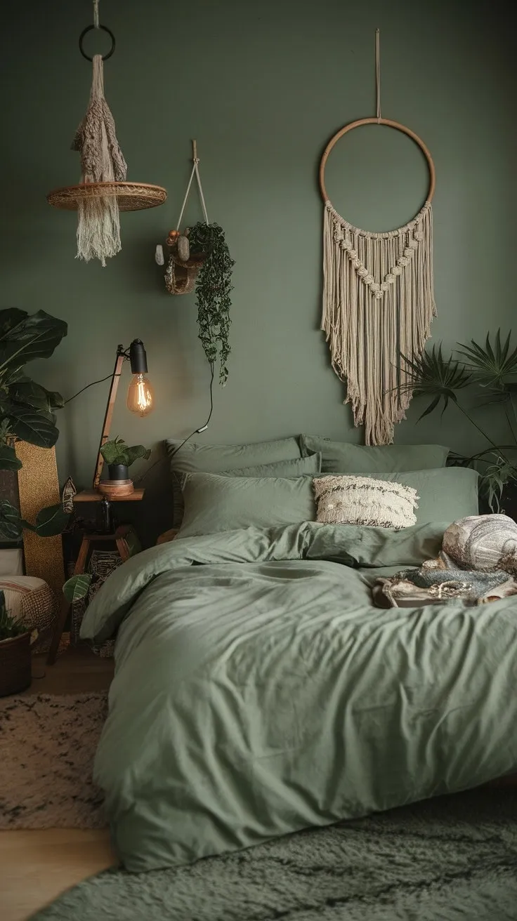 Step into a serene sanctuary of sage green and bohemian charm, where soft lighting and vintage touches invite you to unwind and savor life's simple pleasures.
