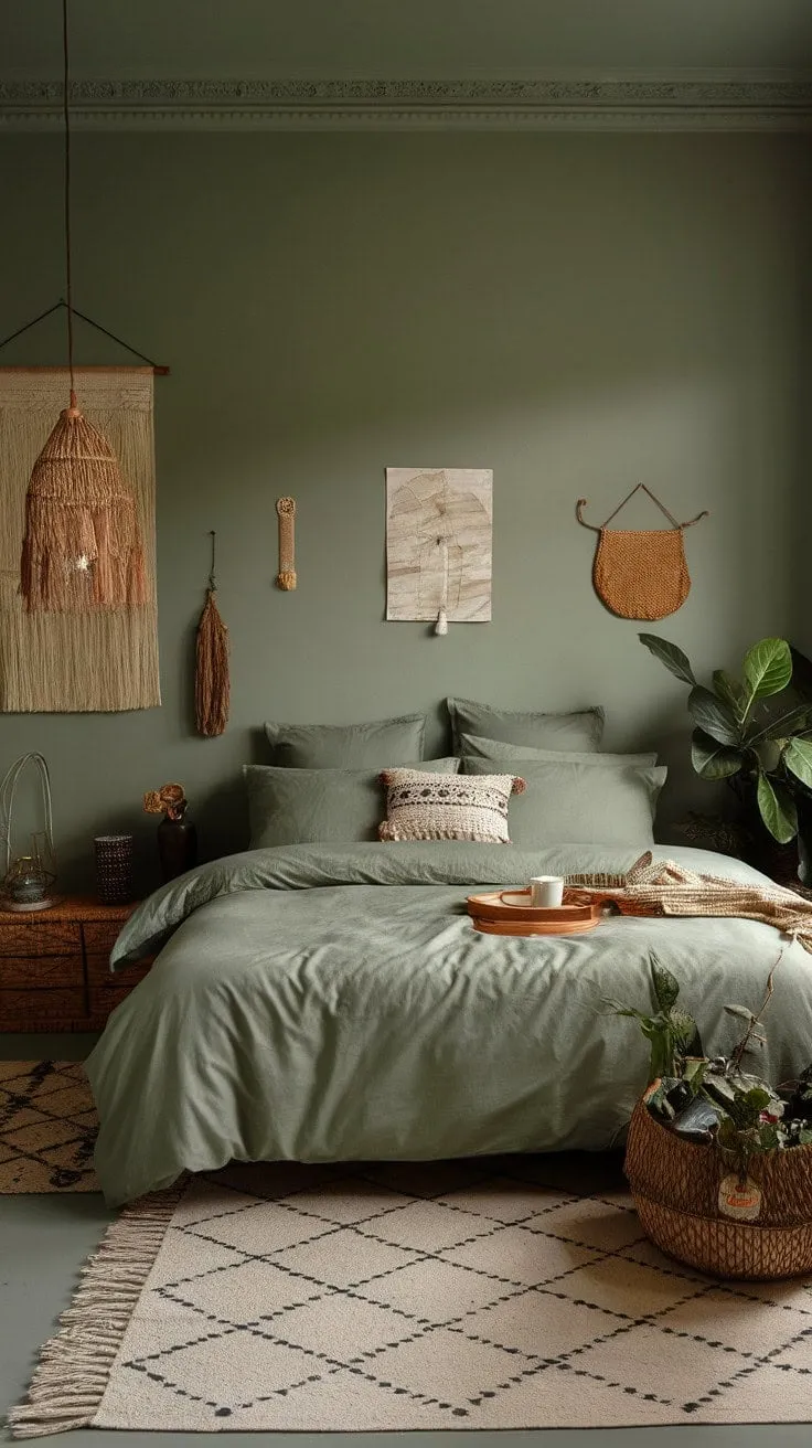 This serene green bedroom blends understated elegance with curated art and cozy textures, creating a soulful sanctuary for relaxation and rejuvenation.