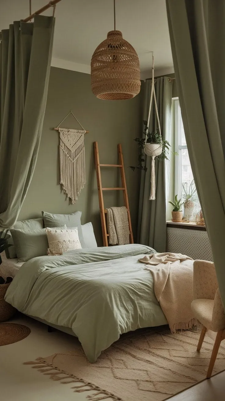 Immerse yourself in the tranquil allure of this boho bedroom, where muted sage greens and natural textures create a serene sanctuary.