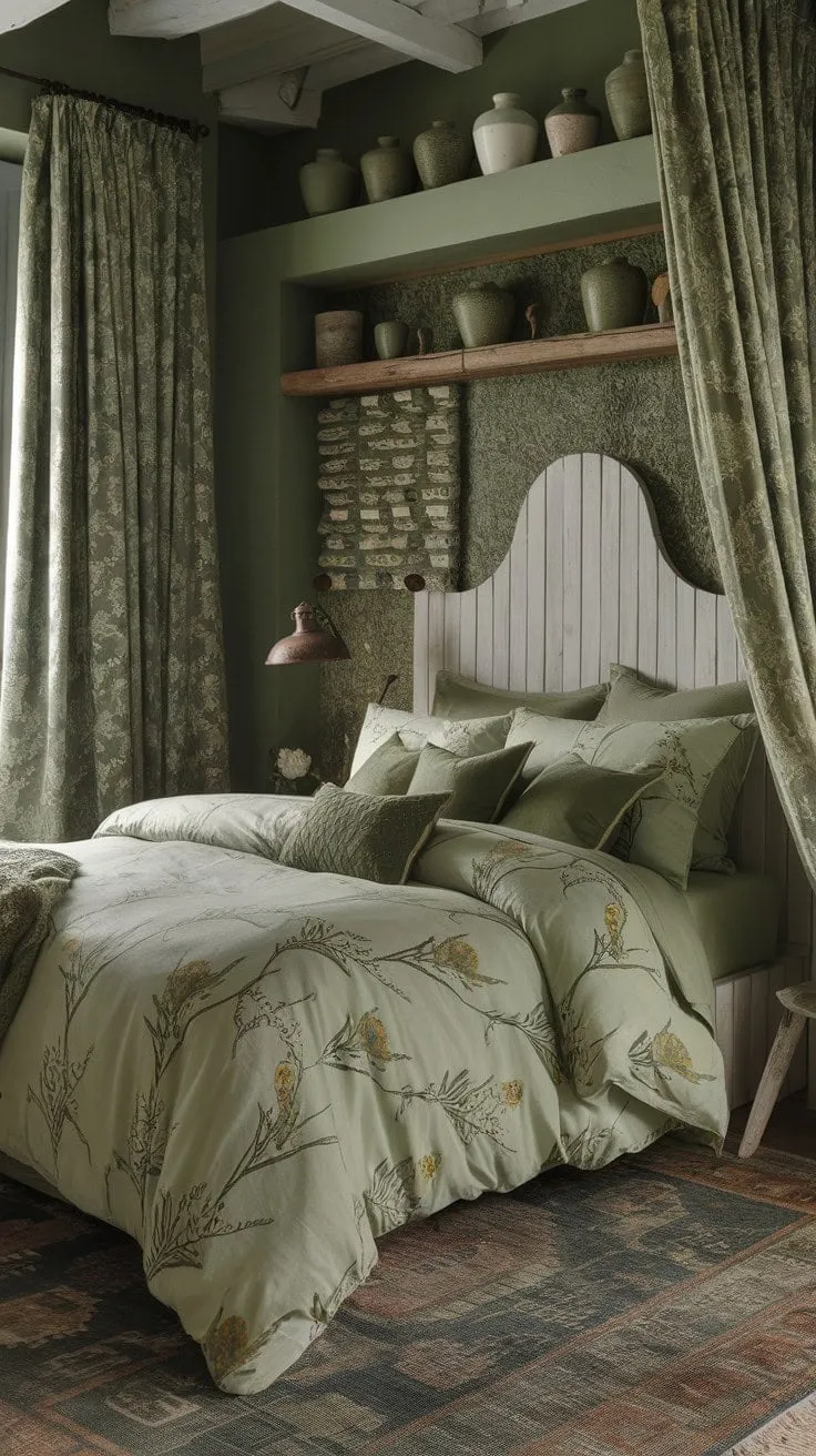 Escape into a serene dreamscape in this beautifully styled bedroom, where muted greens and floral patterns create a tranquil haven for restful rejuvenation.