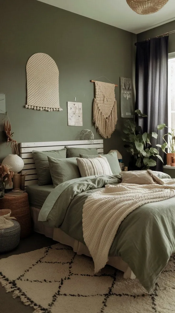 Discover a tranquil boho oasis in soothing sage green, where cozy comfort and soft textures invite you to unwind and recharge.