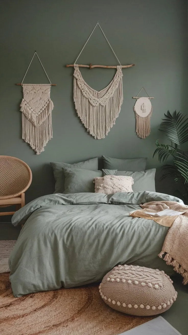 This bedroom, adorned with subtle sage hues and bohemian accents, masterfully blends textures to create a chic and serene retreat.