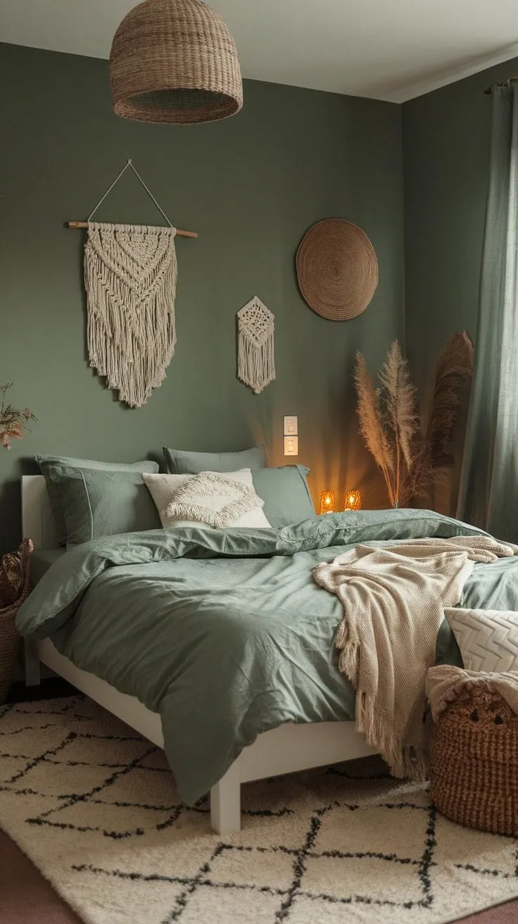 Escape to a serene sanctuary where soothing sage hues and soft candlelight create a dreamlike haven for restful slumber.