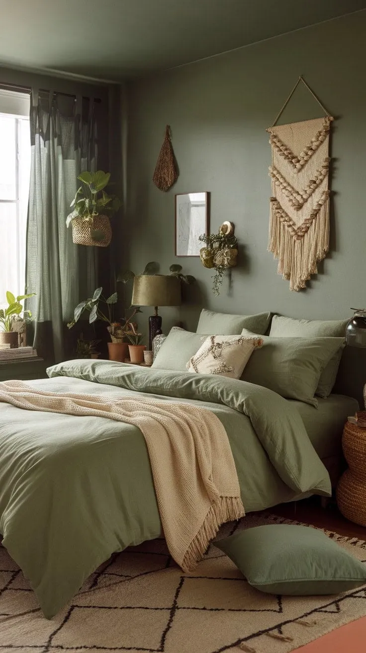 Immerse yourself in this sophisticated green bedroom, where rich textures and soothing tones create a serene sanctuary for relaxation and reflection.
