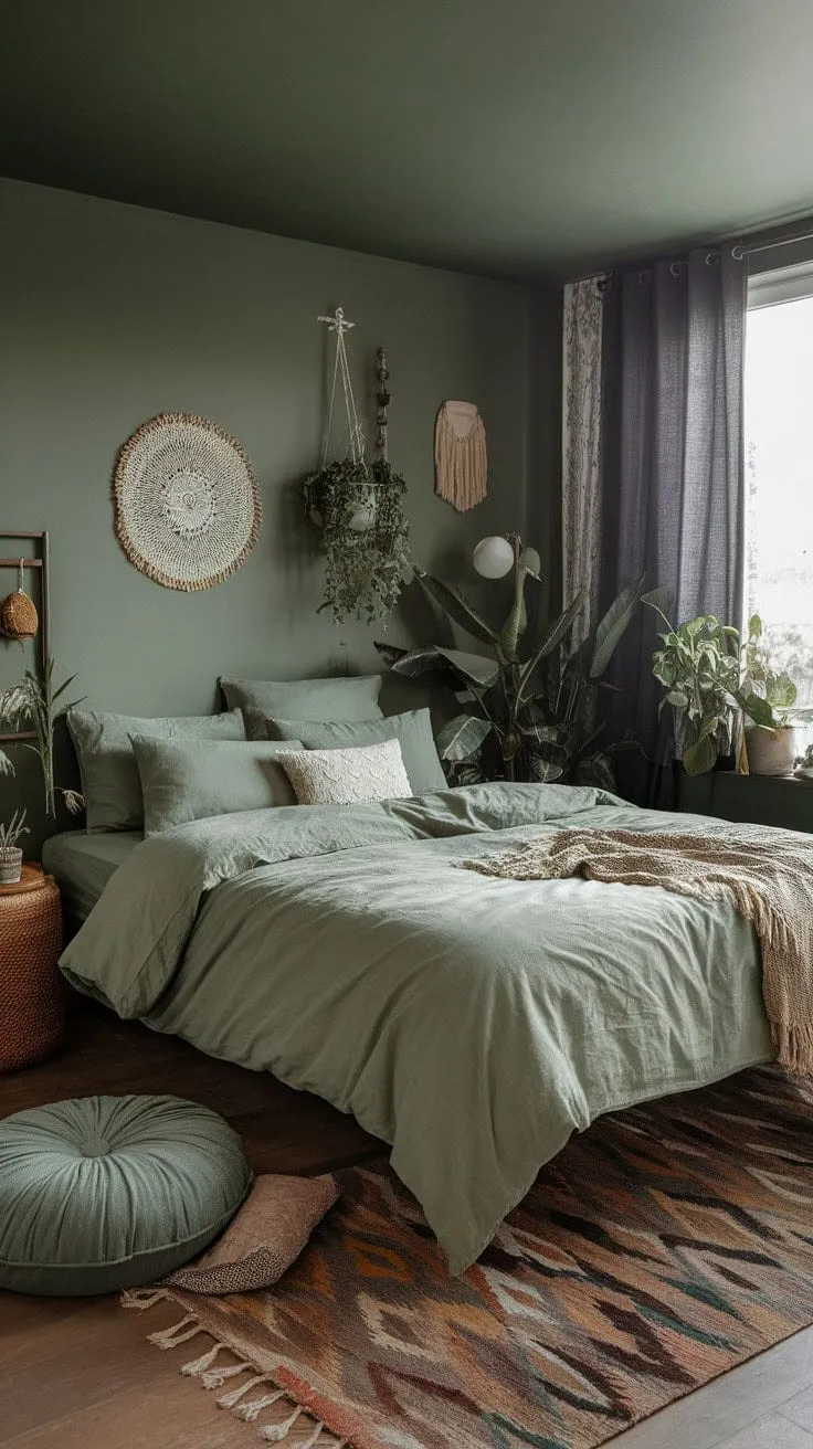 Experience tranquility in a stylish moody green bedroom, where rich textures and tones invite you to recharge in serene comfort.