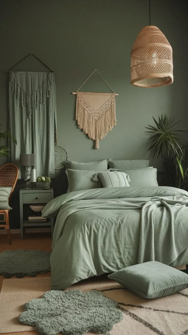 This serene green bedroom, adorned with boho accents, embodies understated elegance and invites you to unwind in its warm embrace.
