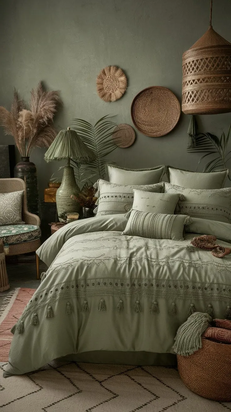 Discover serenity in this boho bedroom, where muted greens and artisanal textures blend to create a cozy sanctuary of understated elegance.