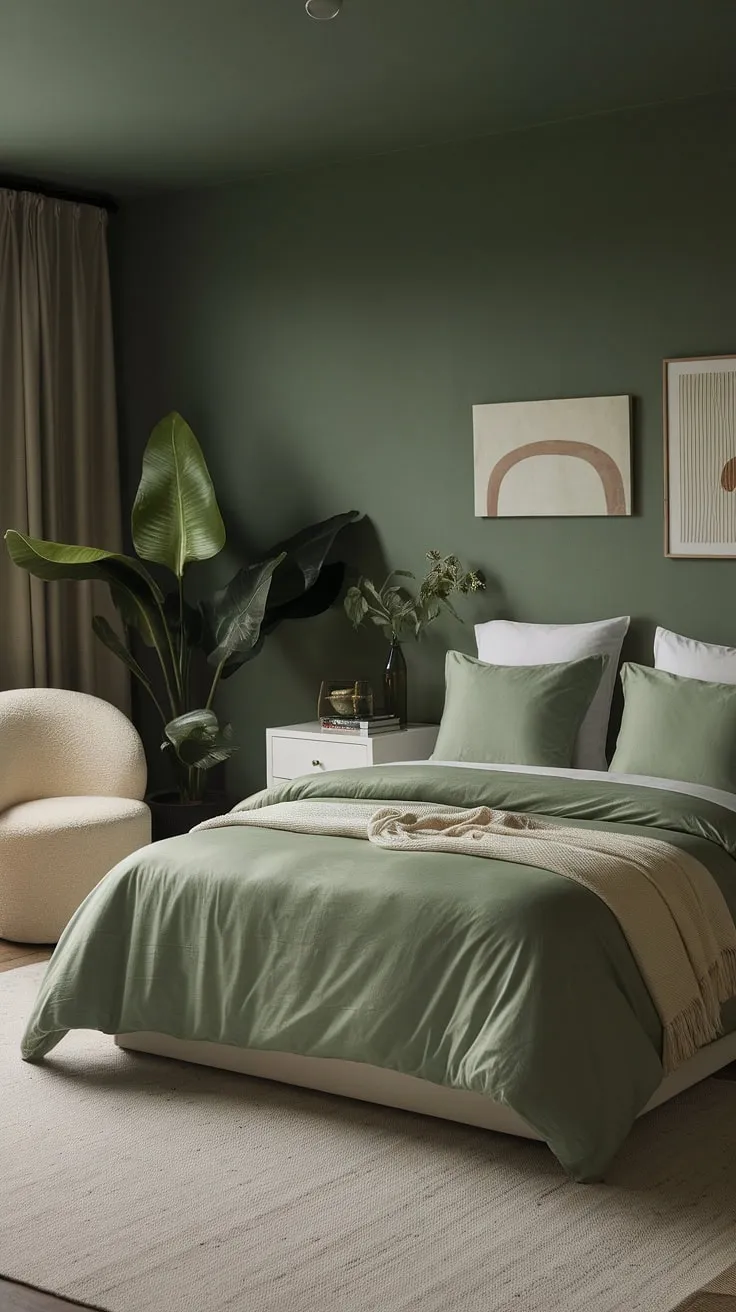 Create a tranquil green boho bedroom with sage green walls, soft bedding, and inviting decor that inspires relaxation and comfort.