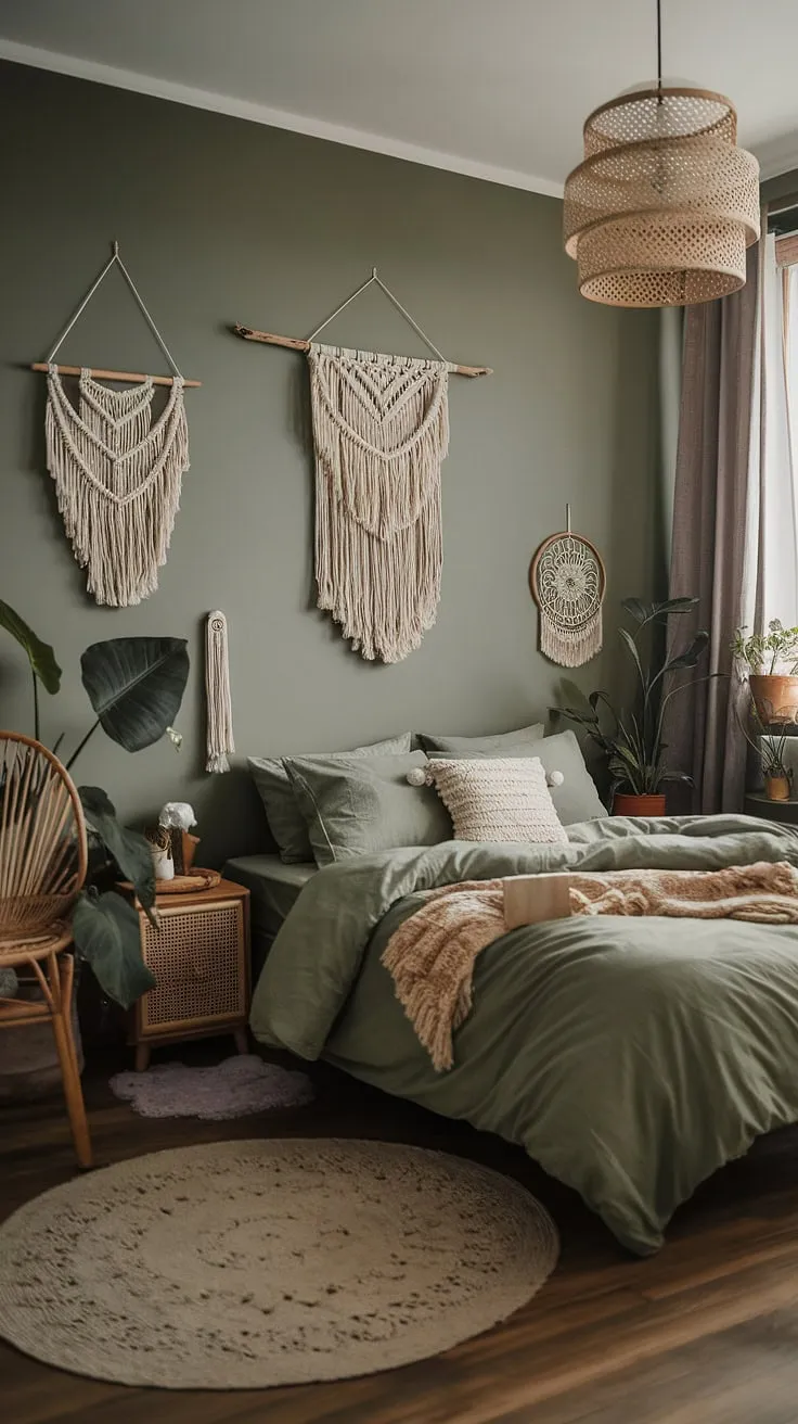 Create a dreamy green boho bedroom with sage green room ideas that blend moody decor and cozy elements for a tranquil retreat.