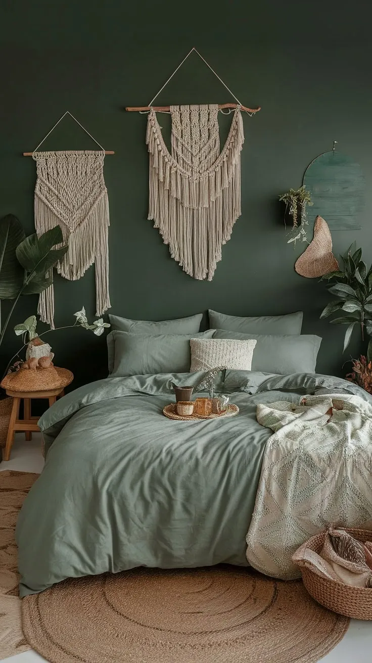 Transform your space into a cozy sage green bedroom with moody green decor, featuring sage green bedding and boho accents like woven rugs and macrame wall hangings.