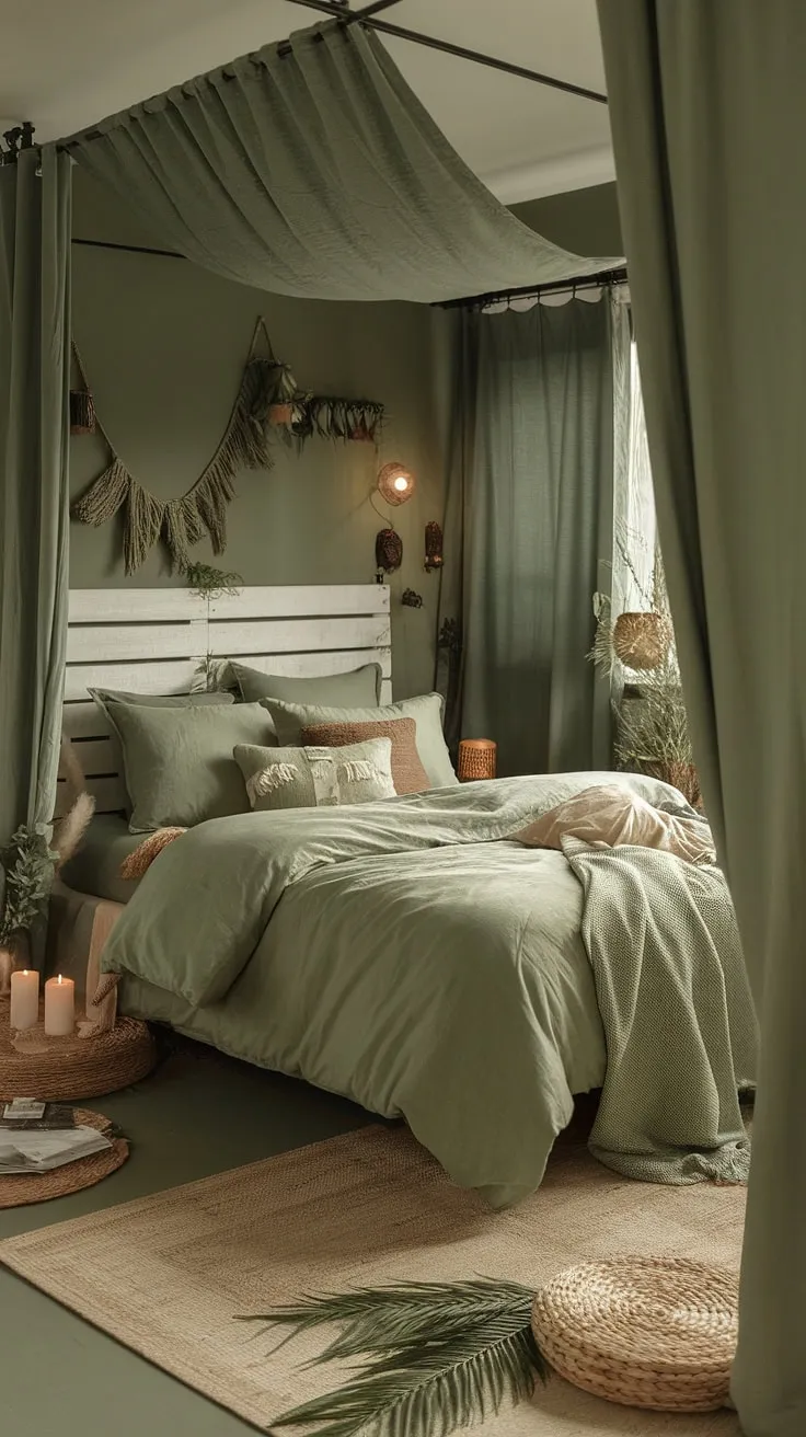 Create a dreamy green boho bedroom with sage green walls, cozy bedding, and stylish decor that invites relaxation and warmth.