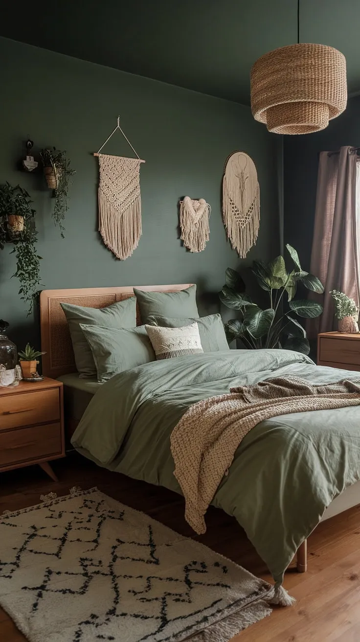 Create a green boho bedroom oasis with moody green walls, cozy sage green bedding, and eclectic decor that inspires relaxation and creativity.