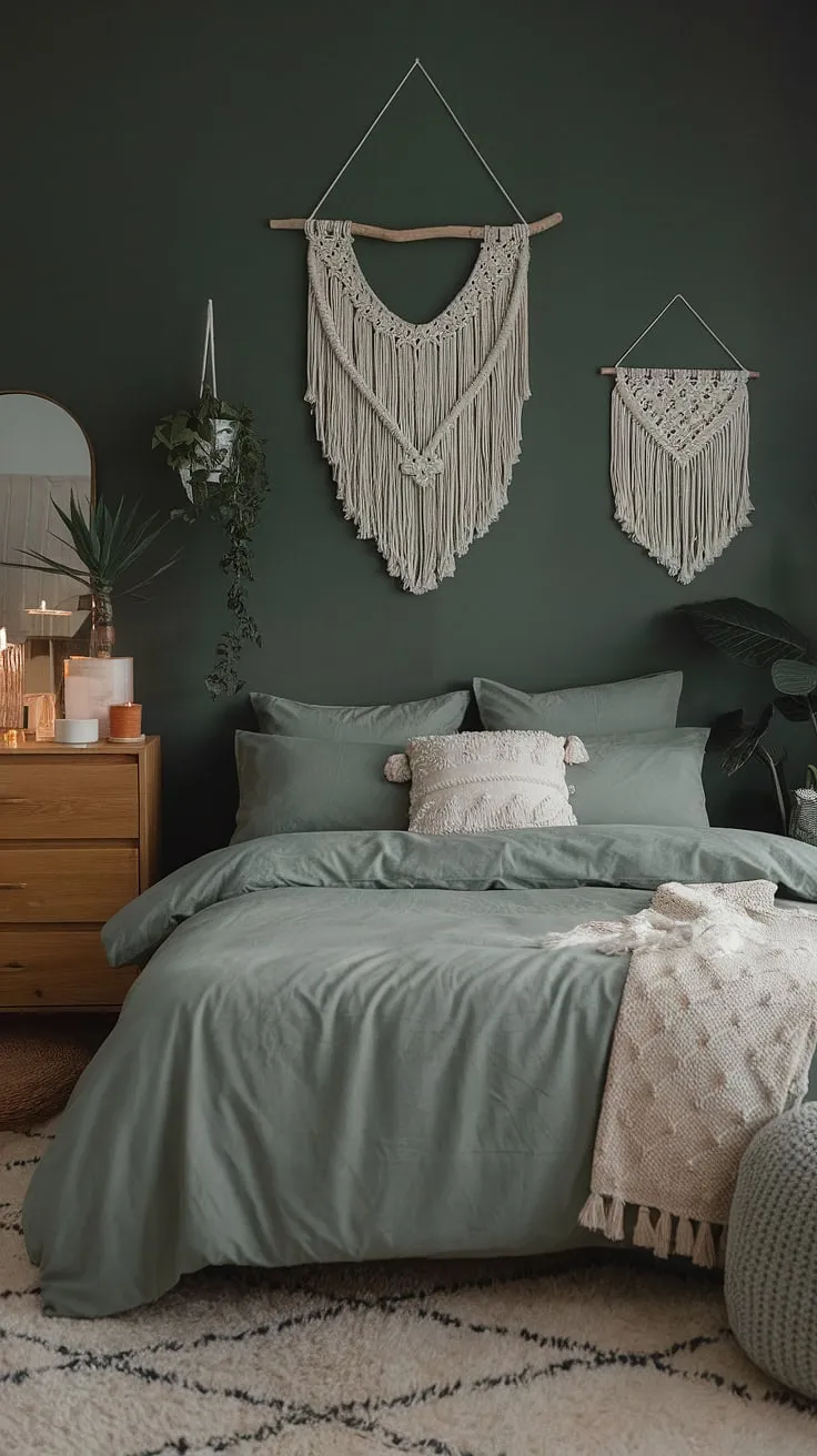 Create a tranquil green boho bedroom with sage green room ideas, combining moody green decor and cozy elements like plush rugs and macrame wall hangings.